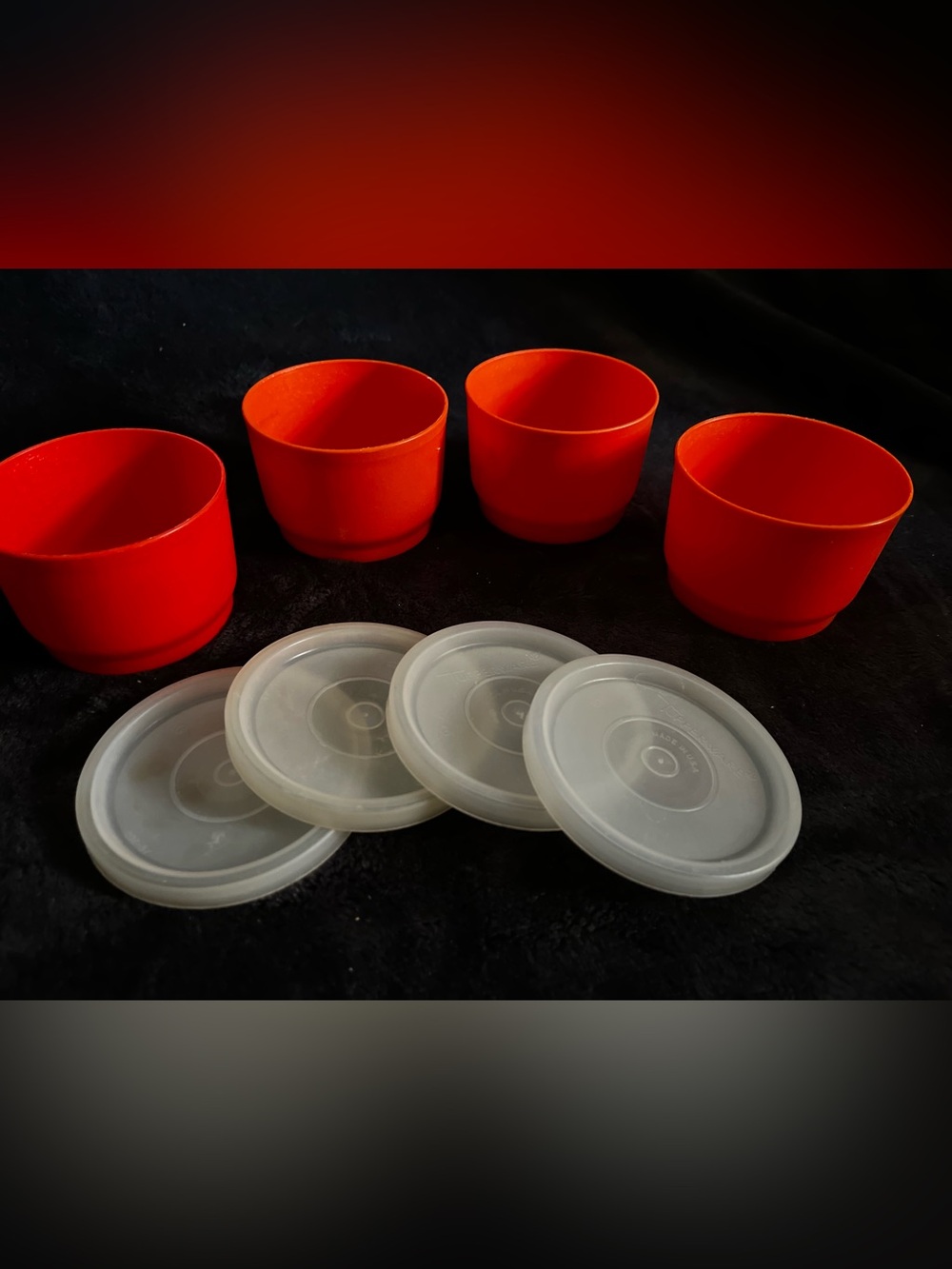 Vintage Tupperware Red Silicone Snack Cups with Clear Lids